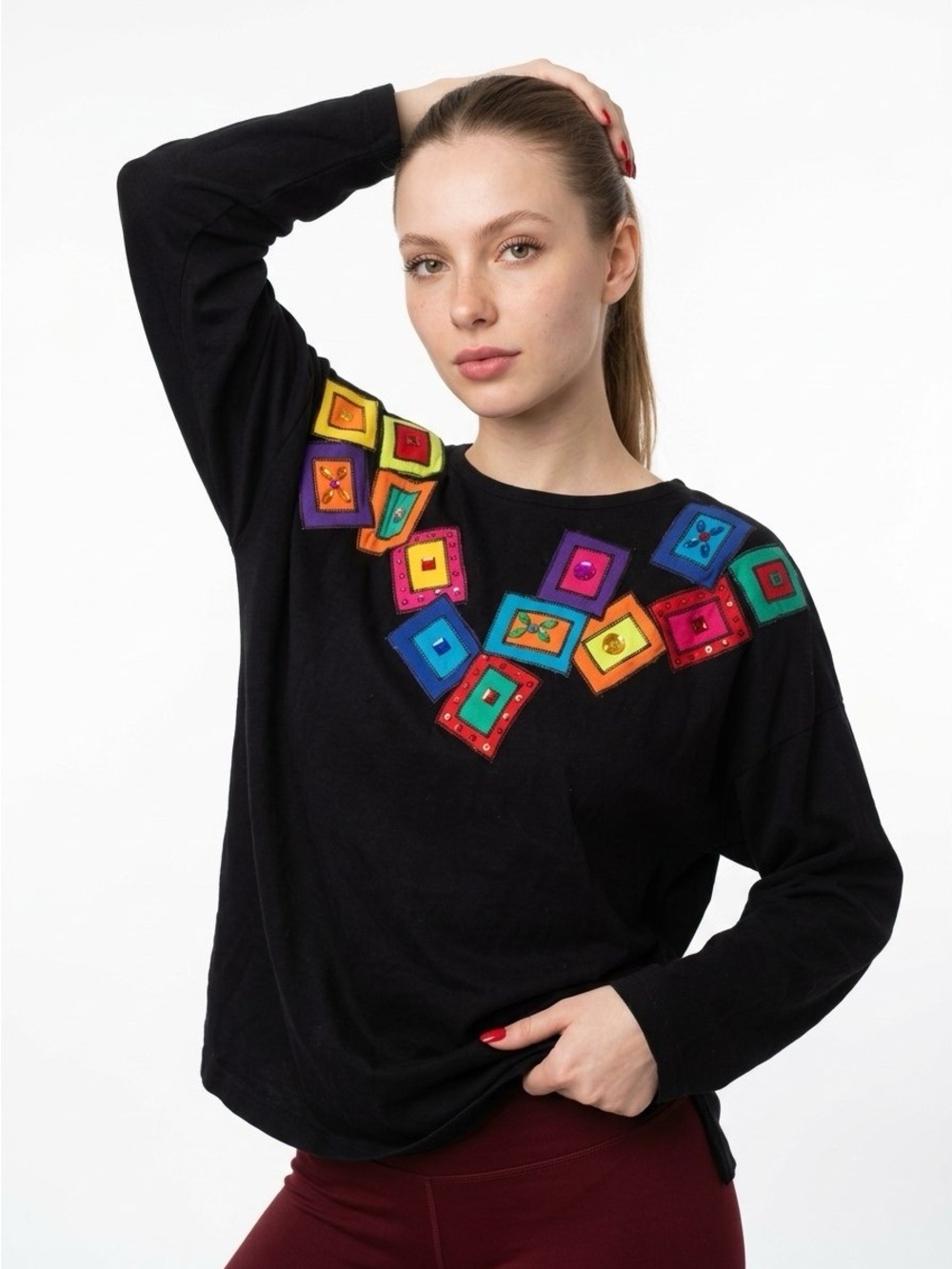 NOTABLES BLACK EMBELLISHED SWEATSHIRT TOP WOMEN'S SIZE L